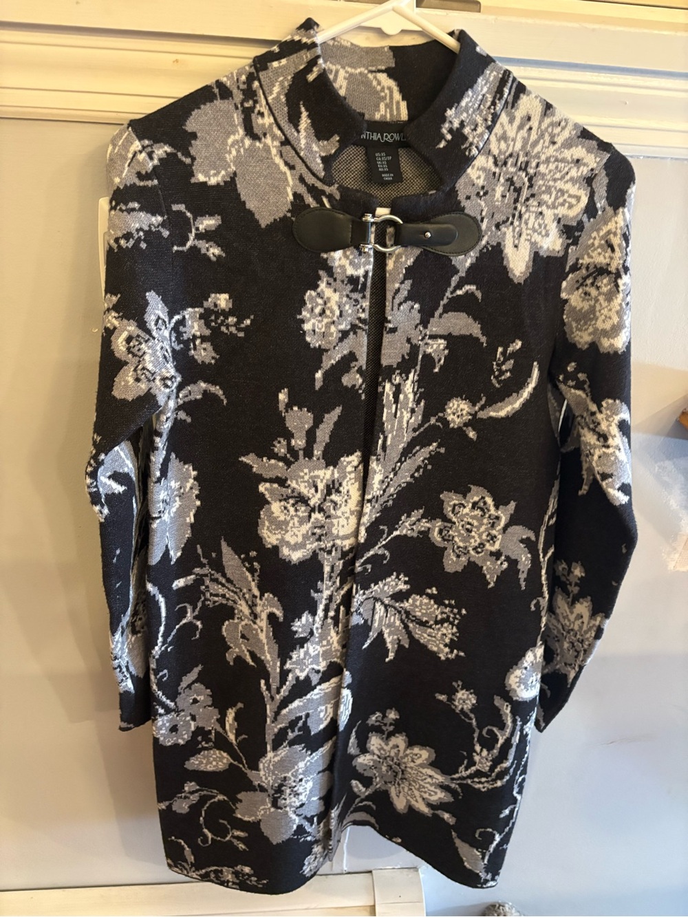 Cynthia Rowley Black and Gray Floral Jacquard Sweater with Buckle Detailing